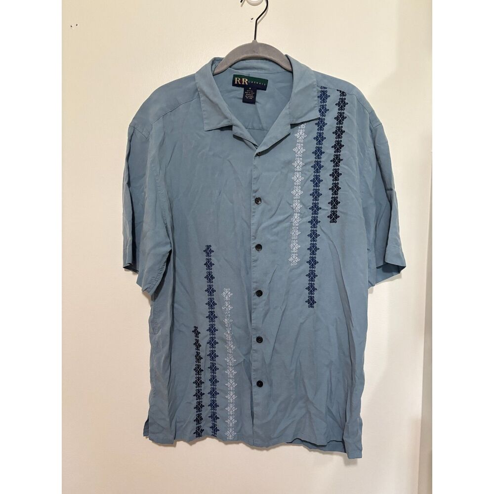 R&R Casuals 100% Silk‎ Button Up Shirt Blue Embroidered Camp Collar Medium